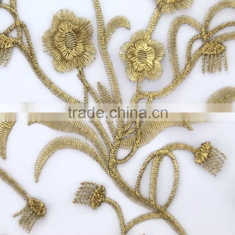 East fashion organza water soluble lace embroidery fabric on chiffon with gold thread for dress