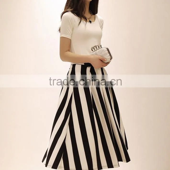 2015 Glamorous Black and White Stripes Sash Mid-calf Length Skirt