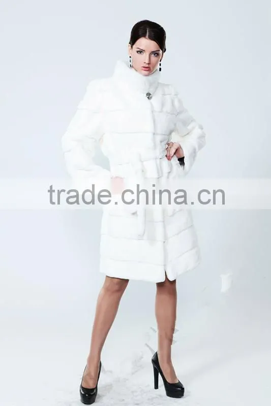 rex14051 horizental stripe sheeted rex rabbit fur coat cuffs white stand collar