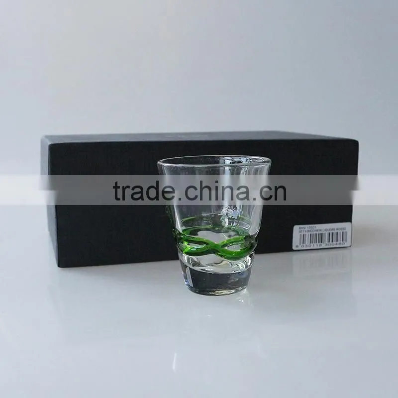Open wide mouth leadfree crystal whisky glass green lines on body with gift box high quality