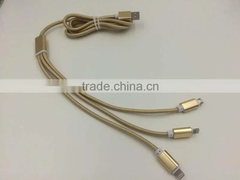 Aluminium alloy 3 in 1 charging cable for iPhone 6 micro usb and type c mobile phone