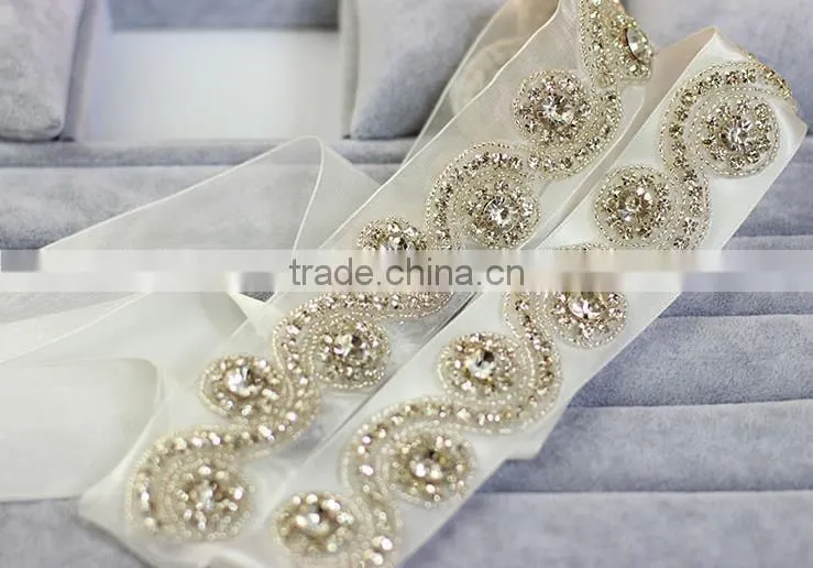 Wholesale diy bridal sash and belt Rhinestone trim applique patch silver WA016