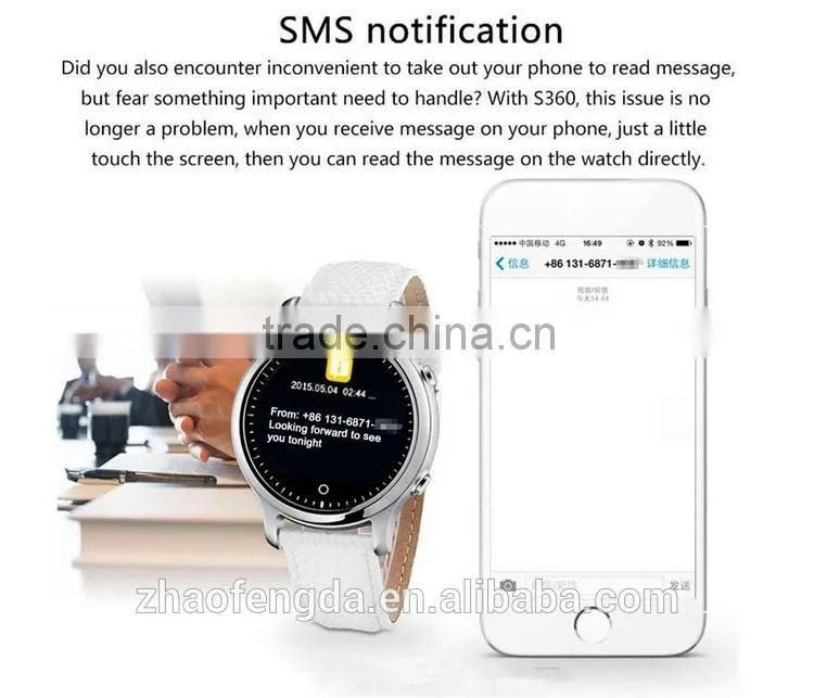 S360 android smart watch for iphone 5 bluetooth price of phone leather smart watch with 1.22" display