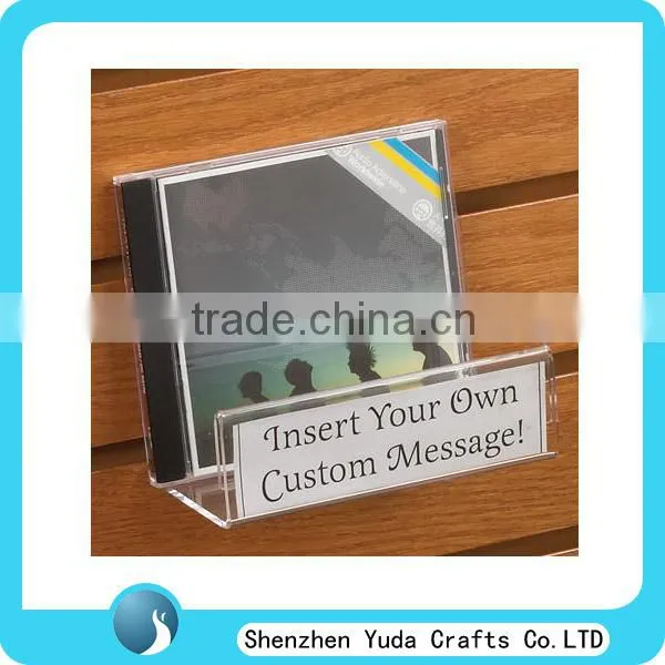 Transparent slatwall CD display shelf with label card slot, acrylic books display rack custom