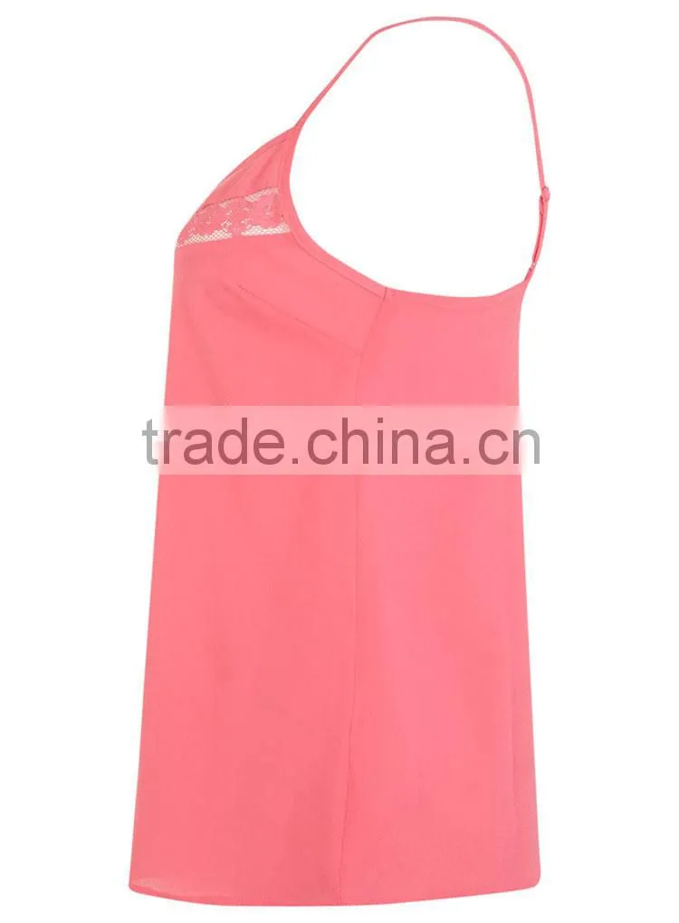 pink 100% polyester v neck women lace sleep vest with adjustable stripe made in china