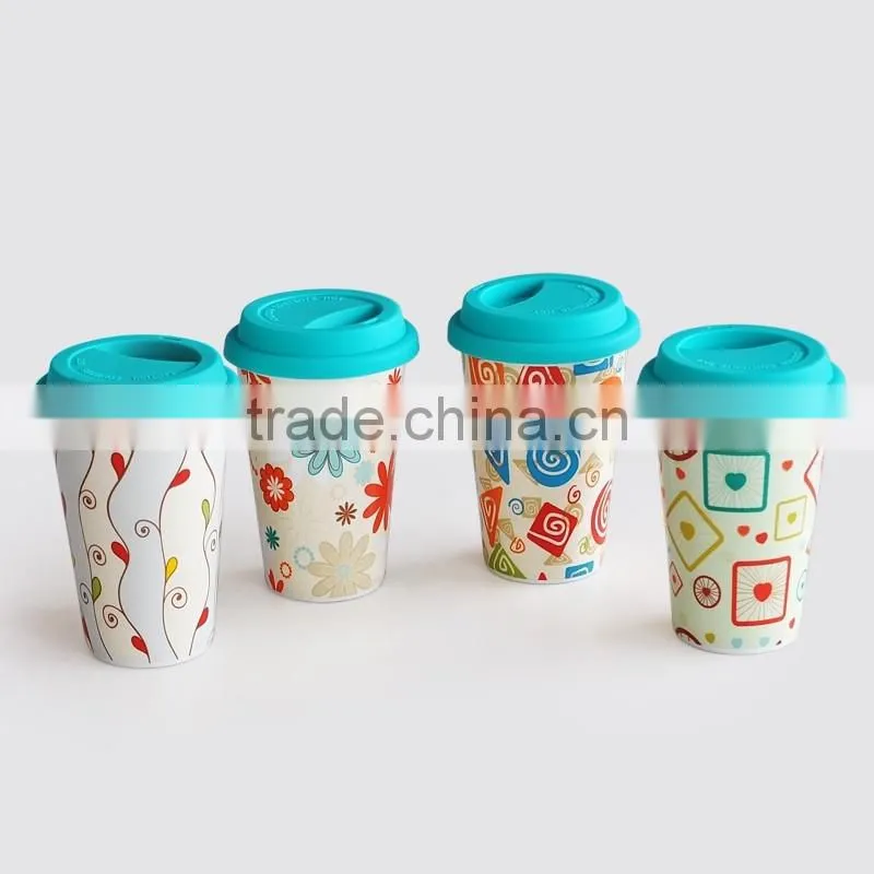 single-wall ceramic tracel mug with slilicone cover and band,ceramic single-wall mug,porcelain travel mug with silicone lid