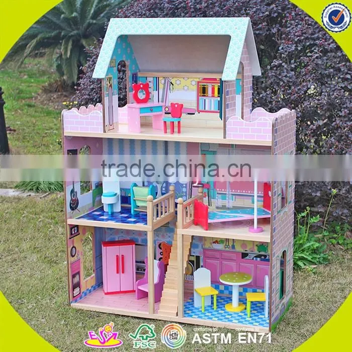 wholesale lovely role play kids wooden dollhouse delicate style children's wooden pink dollhouse for sale W06A032