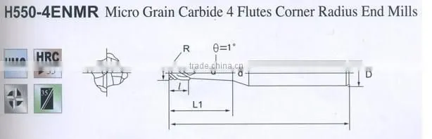 Micro Grain Carbide 4 flutes Corner RadiusEnd Mills