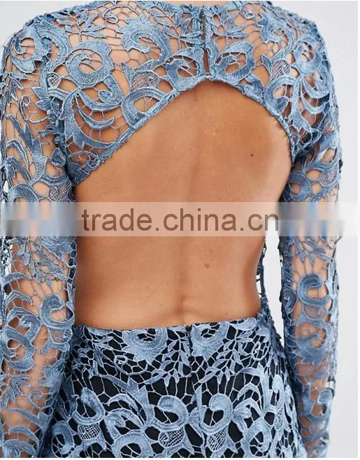 good quality fashion Petrol blue Bandeau underlay Kick split Lace Open Back Dress