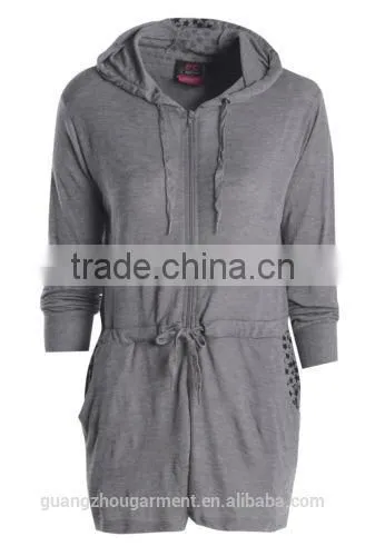 Ladies turquoise full sleeve hooded Zip Up playsuit short jumpsuit for women 2014