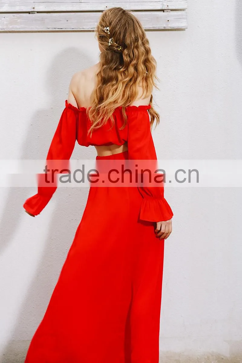 New design 2017 summer Two piece set party sexy dress women Vintage club Off shoulder chiffon red long maxi dress