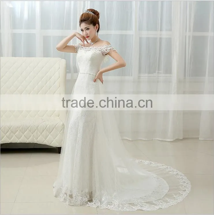 2017 Alibaba Fashion Wedding Dress New Bride Korean Boat Neck Evening Dress Fishtail Skirt Long Drag Tail