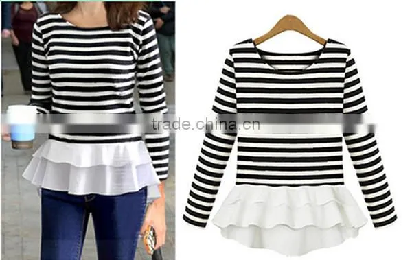 Autumn latest design round neck ivory long sleeve chiffon stitching knitting striped printing t shirt design