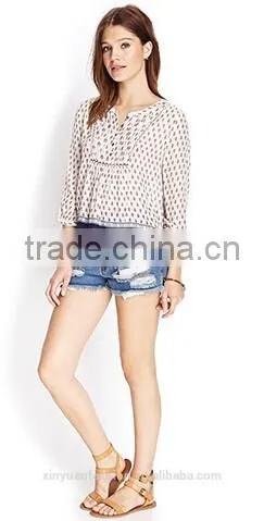 2015 hot sale Bordered Paisley Peasant paisley flower print ladies Tops