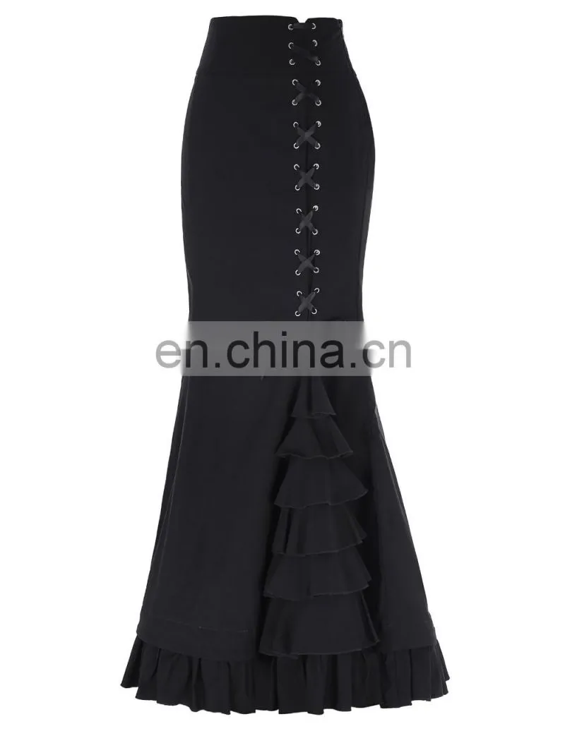 Belle Poque Womens Victorian Style High Stretchy Nylon-Cotton Vintage Retro Ruffled Fishtail Mermaid Black Long Skirt BP000203-1