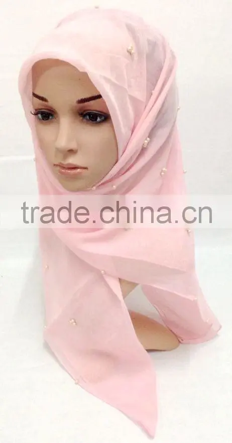 SJ007 New voile pearl 110*110cm muslim square scarf
