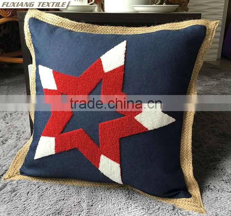 Star Crewel Embroidery Pillow with jute trim