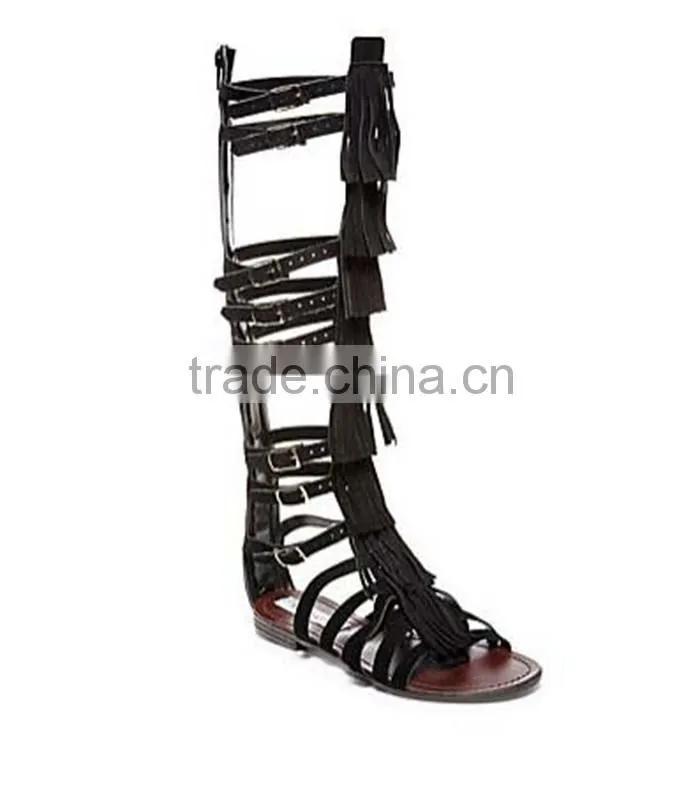 New Style Women Genuine Leather Gladiator Sandal Lace up Flat Knee High Sandal Boots