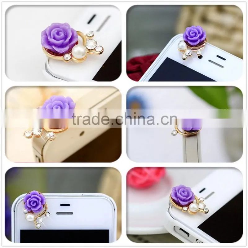 Rose Flower 3D Crystal Bead Pearl Anti Dust Plug Charms For 3.5mm Phone For Apple4 4S 5 For Samsung Galaxy S3 S4 For HTC