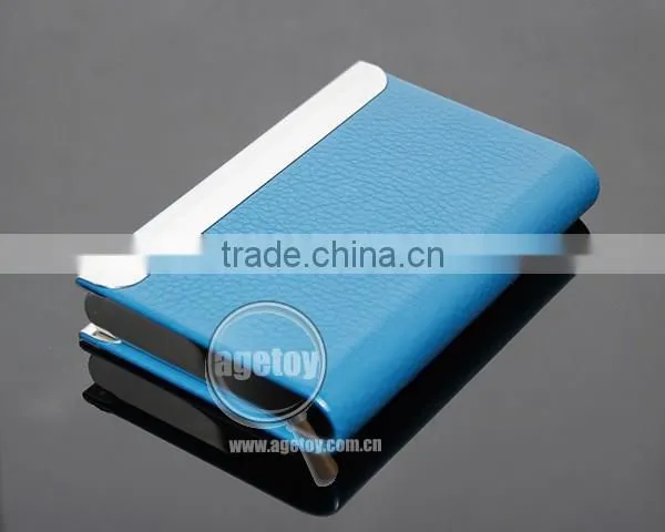 High Quality Box Packing Lichee Pattern Blue Leather Flannelette Lining Stainless Steel Metal Novelty Leather Credit Card Holder