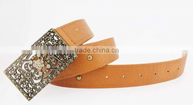2015 Vintage Style women's fashion PU brand belt with rhinestone square shape buckle