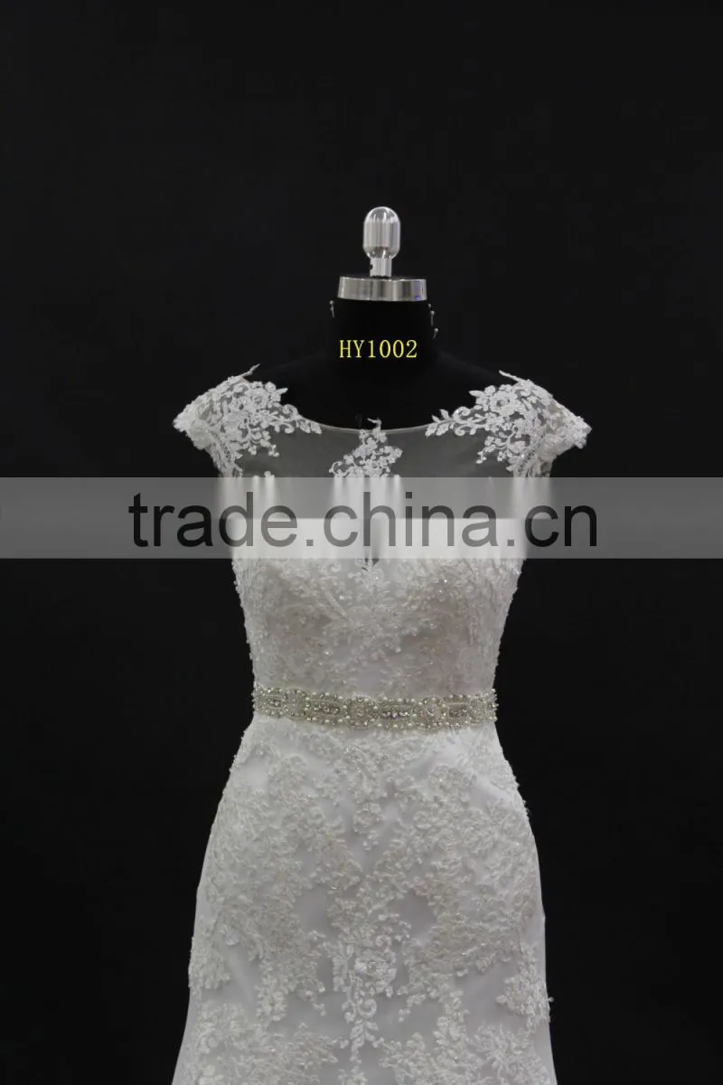 Small A-line with beading belt lace appliques sexy see through back wedding dress