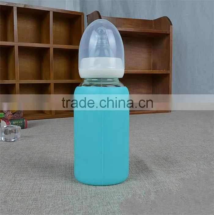 High quality cute baby feeding bottle,food grade BPA free baby feeding bottle,silicone glass milk bottle for baby feeding