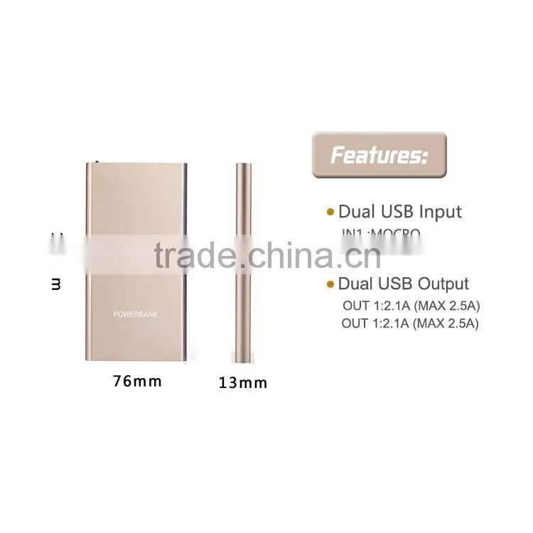 Custom logo ultra thin mobile power bank 10000mah real capacity