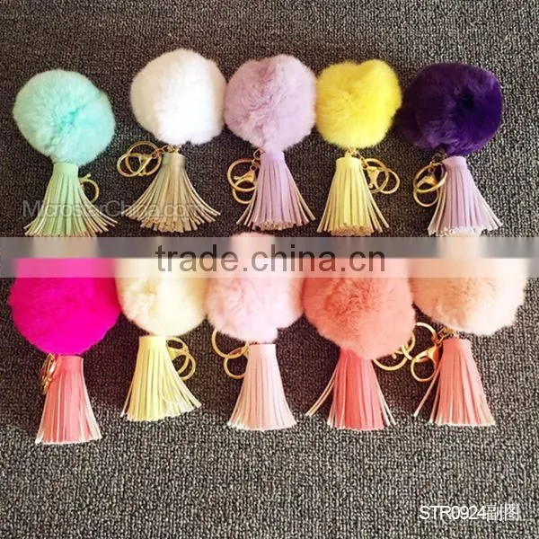 Promotion In Stock Rabbit Fur Ball Leather Tassel Key Chain