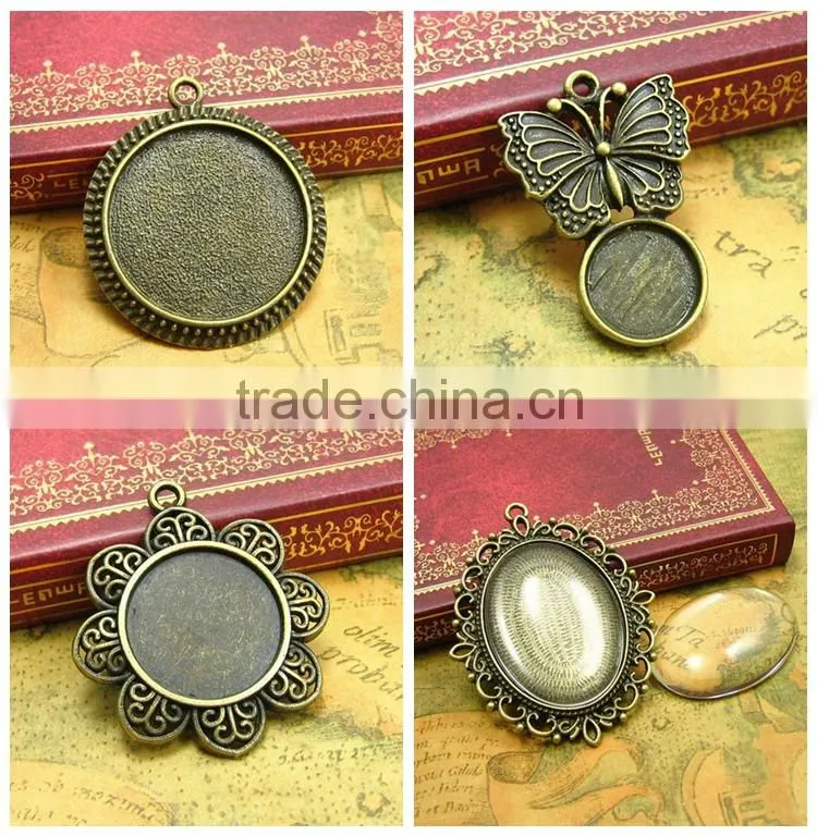 Complete DIY Pendant Kits, round, Metal Bezels + Glass Cabochons+ Chain Necklaces wholesale clear transparent Glass Cabochons