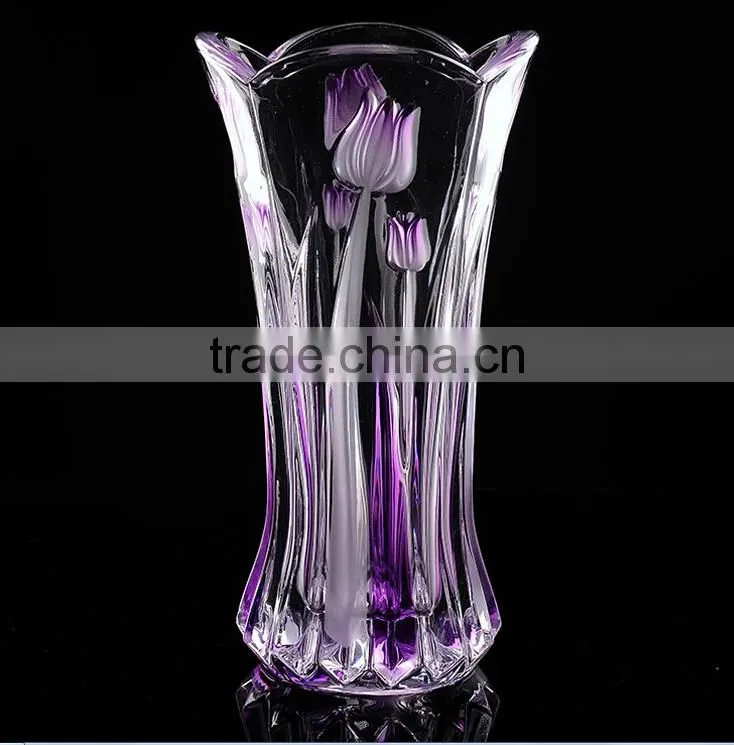 Beautiful elegant glass vase with flower embossed, glass jardiniere ,glass bottle