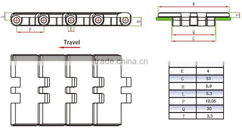810-K200 pitch 19.05mm straight running plastic table top chain for conveyor