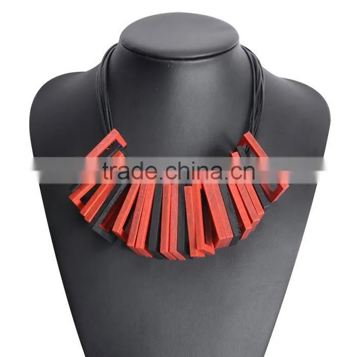 red black wooden square pendant choker necklace geometric wood choker necklace Korea wax cord choker necklace