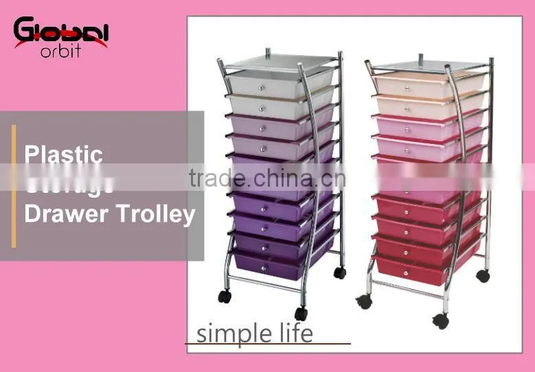 Plastic mobile storage trolley, space saver rolling storage drawer cart