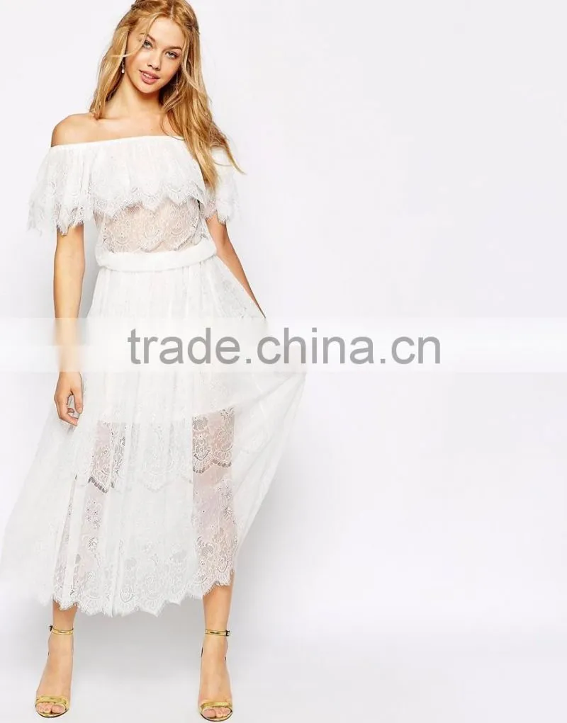 MGOO Design Vintage Boho Lace Off Shoulder Maxi Dress White Embroideered Elegant Bohemian Dress