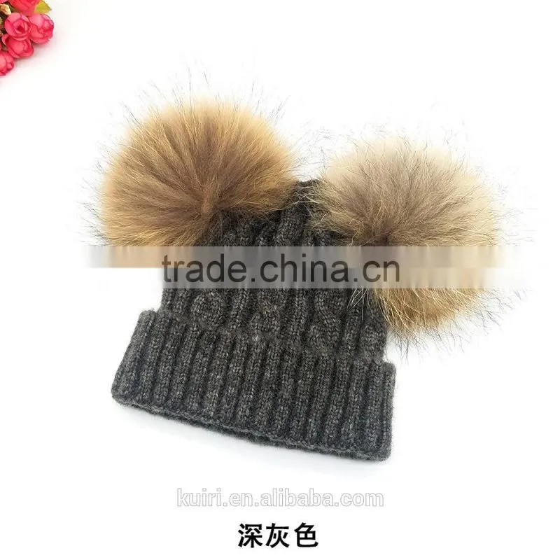 Stylish kids Double Balls Winter Warm Wholesale Beanie Hats with raccoon fur ball