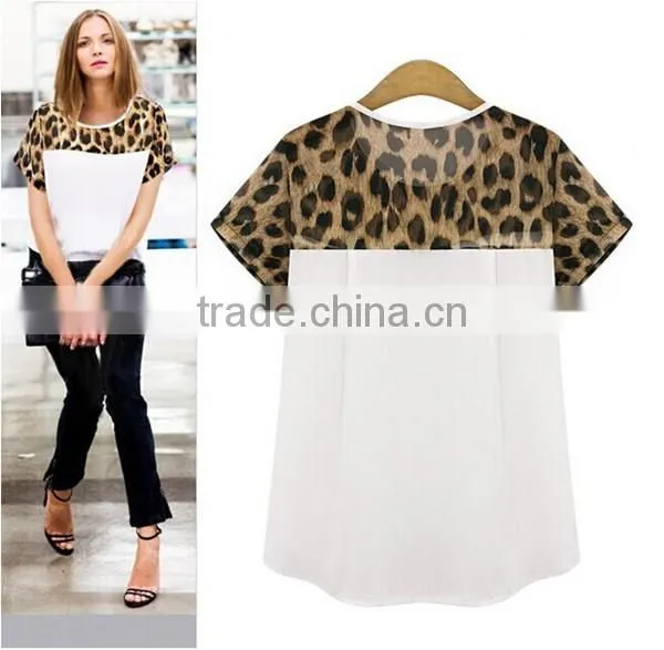 Classic black and white Summer women chiffon leopard stitching clothing plus size,chiffon fabric,t shirt women wear