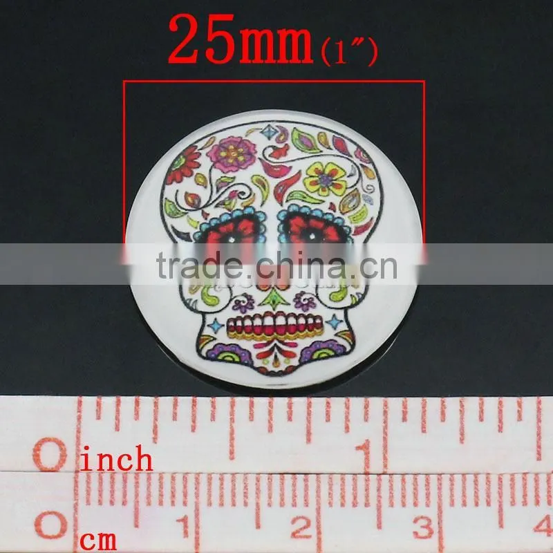 Clear Glass Cabochon Round Multicolor Skull Pattern Halloween 25mm Dia,20PCs