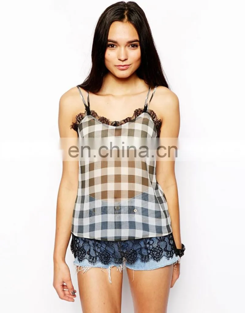 Lace Trim Cami Top in Gingham Print/womens top plus sizes/clothing desgin for women wholesale model-cp387