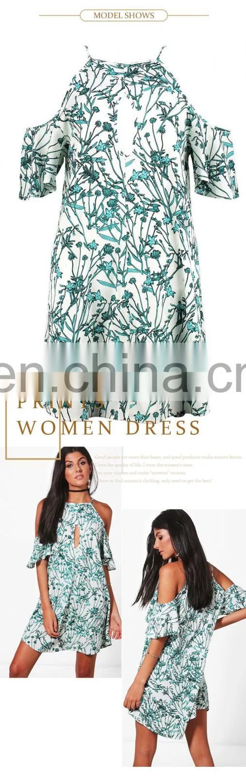 woven floral Spaghetti straps cold shoulder printed women mini dress