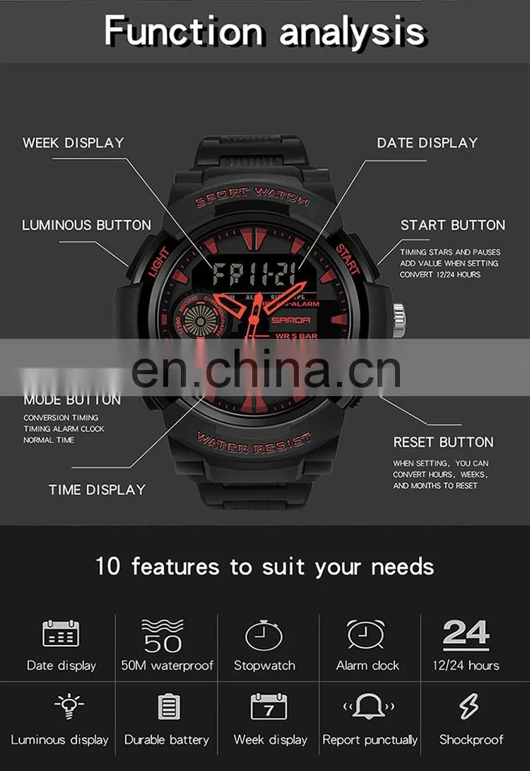 Sanda 6002 New Analogue LED Mens Watches Chrono Luminous Water Proof Sport Men Digital Watch