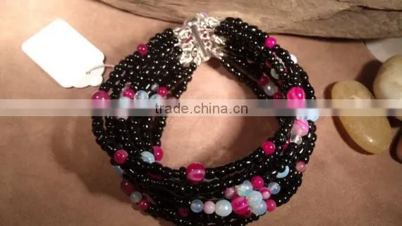 Black Glass Beads Moonstone and Pink Stripped Agate Bracelet