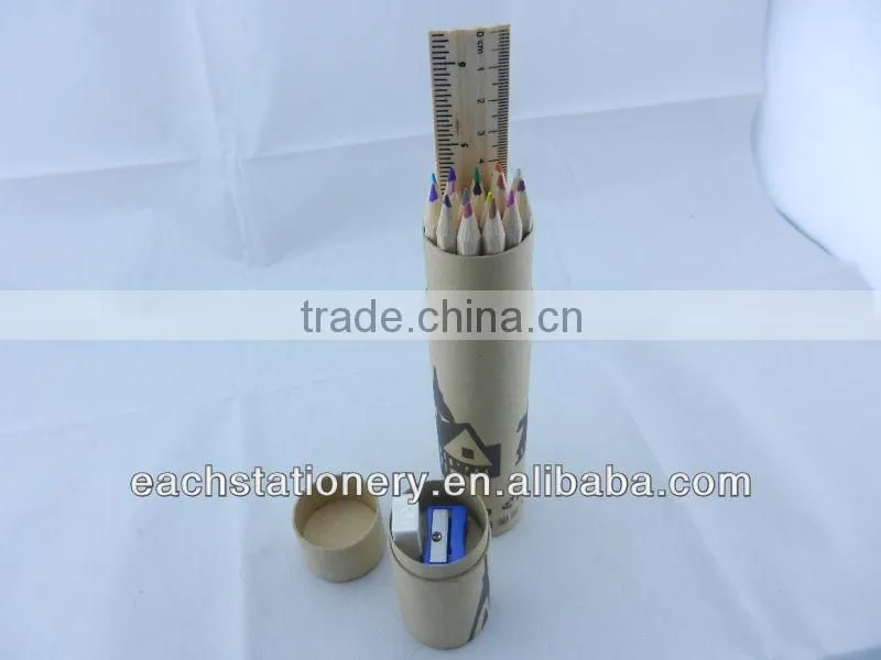 7''wooden color pencil set with ruler eraser and shapener in paper tube