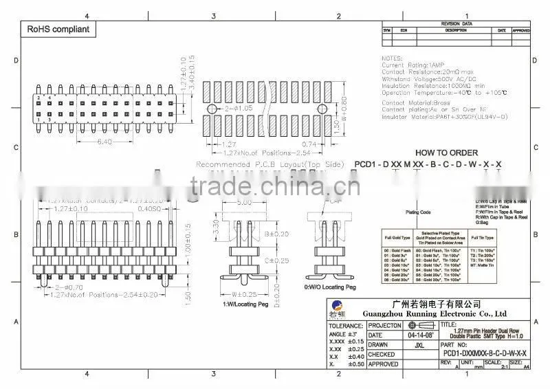 Double Row Double Insulator Pitch: 1.27 mm SMT Pin Header With Post H=1.0