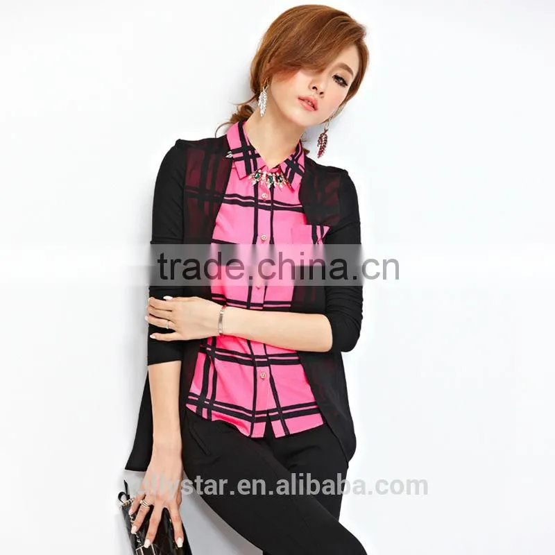spring stitching lapel grid new color combination t-shirt 2014