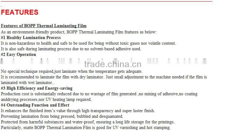 Glossy 22micron (12BOPP+10EVA) BOPP Thermal Laminating Film
