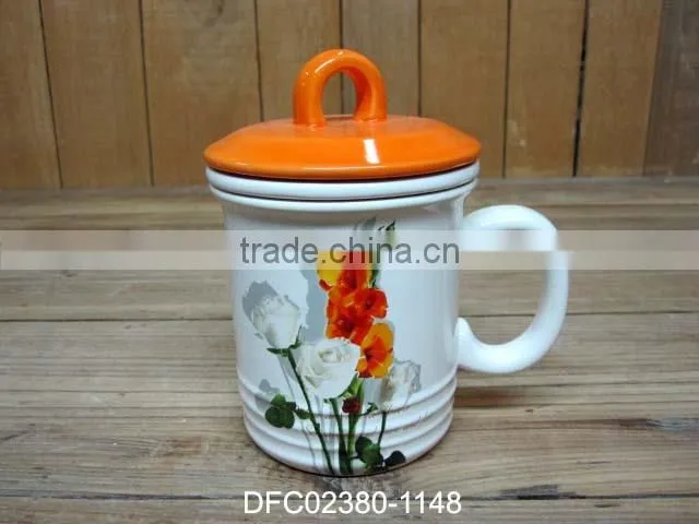 chinese ink decal ceramic tea cup set with the tea strainer and orange lid