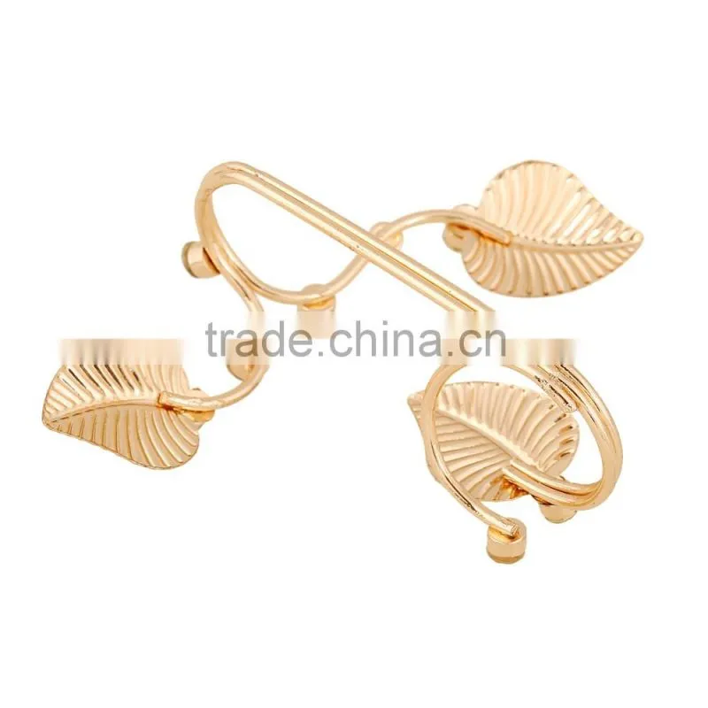 Elegant Gold Linked Leaf Ring Two Fingers Joint Ring Sets Chain Ring For Women