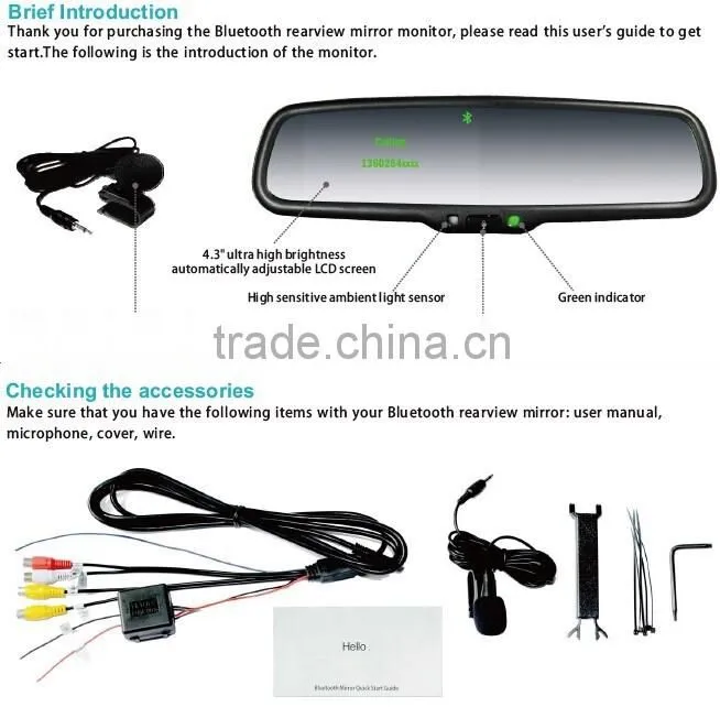 4.3 inch car interior rearview mirror with bluetooth function and backup camera display for most cars