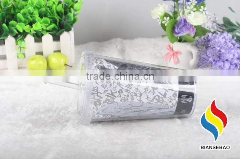 Double wall 16 oz plastic tumbler with paper insert for beverage